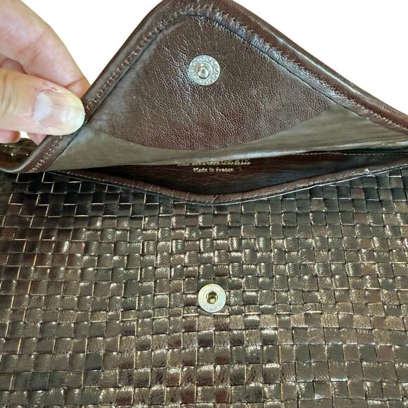 La Bagagerie Brown Woven Leather Envelope Clutch Handbag France Classic Chic - Picture 13 of 13